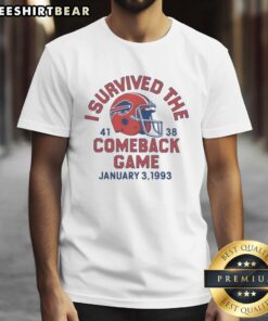 Buffalo Bills 'I Survived The Comeback Game' T-Shirt, featuring bold graphics in team colors, perfect for fans.