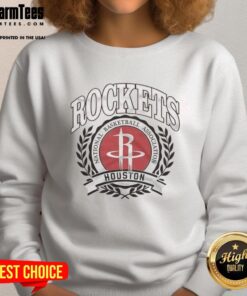 Retro Houston Rockets NBA logo sweatshirt with laurel wreath frame, perfect for basketball fans and vintage style lovers.