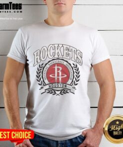 Retro Houston Rockets NBA logo t-shirt with laurel wreath frame, perfect for basketball fans and collectors.