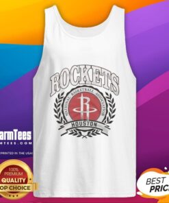 Retro tank top featuring the Houston Rockets NBA logo in a laurel wreath frame, perfect for basketball fans.