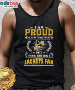 Georgia Tech Yellow Jackets fan wearing a proud tank top showcasing team spirit and enthusiasm for college sports.