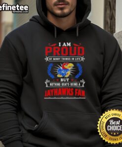 Kansas Jayhawks fan hoodie with 'Proud of Many Things' design, showcasing team spirit and pride in Kansas basketball.