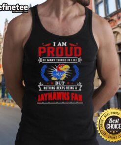 Tank top featuring 'Proud Kansas Jayhawks Fan' design, perfect for showing team spirit and loyalty to Kansas basketball.