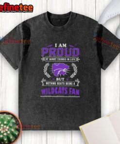 Alt Text: Kansas State Wildcats fan proudly wearing a washed T-shirt that says 'I am proud of many things in life.'