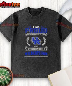 Kentucky Wildcats fan proudly wearing a washed t-shirt with the phrase 'I am proud of many things in life'.