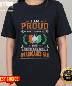 Alt Text: Ladies tee featuring 'Proud Miami Hurricanes Fan' design, perfect for football lovers and team spirit enthusiasts.
