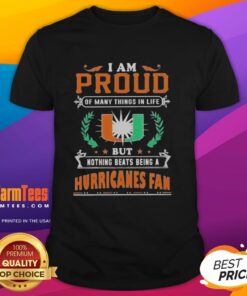 Alt Text: Miami Hurricanes fan t-shirt featuring 'Proud of Many Things' slogan for football lovers, perfect for game day.