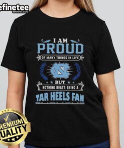 Women's tee featuring 'Proud to be a North Carolina Tar Heels fan' design, perfect for dedicated UNC supporters.