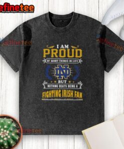 Alt Text: Proud Notre Dame Fighting Irish fan wearing a washed t-shirt showcasing love for the team and its spirit.