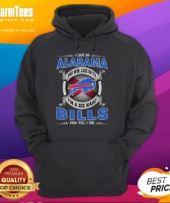 Alabama fan wearing a 'Dead Hard Buffalo Bills Fan Till I Die' hoodie, showcasing team spirit and loyalty.