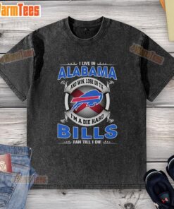 Buffalo Bills fan wearing a washed t-shirt with slogan 'Win, Lose, or Tie, I'm a Dead Hard Buffalo Bills Fan Till I Die' in Alabama.