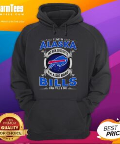 Buffalo Bills fan hoodie featuring 'Win, Lose, or Tie' slogan, set against a scenic Alaska backdrop.