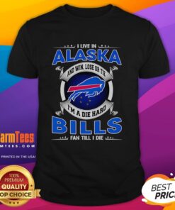 Alaska fan wearing a 'Dead Hard Buffalo Bills Fan Till I Die' T-shirt, showcasing team spirit and pride in the NFL.