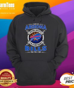 Buffalo Bills fan wearing a hoodie in Arizona, celebrating loyalty with 'Win, Lose or Tie, I'm a Buffalo Bills Fan' slogan.
