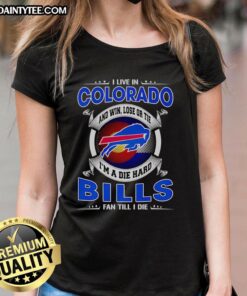Colorado fan wearing a Buffalo Bills tee, showing loyalty with 'Win, Lose, or Tie' slogan for die-hard supporters.