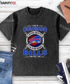 Colorado fan wearing a washed Buffalo Bills t-shirt, showcasing loyalty with 'Win, Lose, or Tie' slogan.