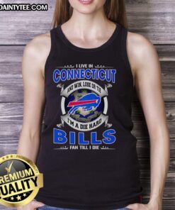 Buffalo Bills fan wearing a tank top, showcasing pride and loyalty in Connecticut, with 'Win, Lose, or Tie' slogan.