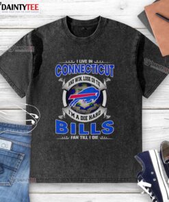 Connecticut fan wearing a washed Buffalo Bills t-shirt, showcasing pride in win, lose, or tie. Dead-hard loyalty!