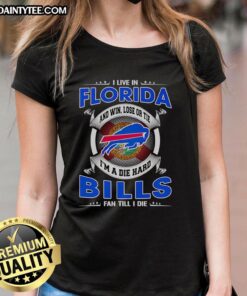 Florida fan wearing 'Dead Hard Buffalo Bills Fan' ladies tee, showcasing team spirit and pride in vibrant colors.