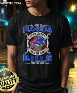 Buffalo Bills fan proudly wears a 'Win Lose Or Tie Im A Dead Hard Buffalo Bills Fan Till I Die' T-shirt in Florida.