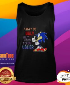 Funny cartoon hedgehog tank top design saying 'Nice, I may be ugly, but I used to be uglier' for quirky fashion lovers.