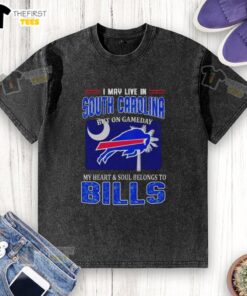Buffalo Bills washed t-shirt with 'I may live in South Carolina' slogan, perfect for game day fans.