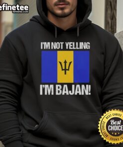 Stylish 'Nice I'm Not Yelling I'm Bajan' hoodie featuring the vibrant Barbados flag design.