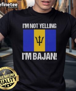Alt Text: Nice I'M Not Yelling I'M Bajan Flag T-Shirt featuring the vibrant Barbados flag design in a stylish graphic tee.