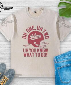 Nice Indiana Hoosiers Football Uh One Uh Two Uh You Know What To Do helmet design on a washed t-shirt.