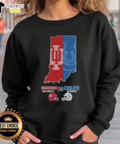 Cozy sweatshirt featuring 'Nice Indiana Hoosiers on Saturdays and Indianapolis Colts on Sundays' design for sports fans.