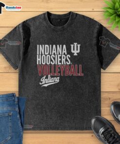 Alt Text: Nice Indiana Huskers Volleyball NCAA text logo overlay on a washed t-shirt, perfect for fans and casual wear.