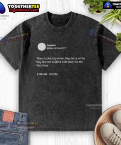 Alt Text: White boy enjoying a cold beer for the first time, wearing a washed T-shirt with a fun graphic design.