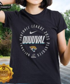 Alt Text: Ladies tee featuring Jacksonville Jaguars 2025 playoff participant highlights, perfect for fans and supporters.