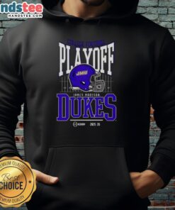 James Madison Dukes 2025-2026 College Football Playoff Bound helmet hoodie featuring team colors and logo.