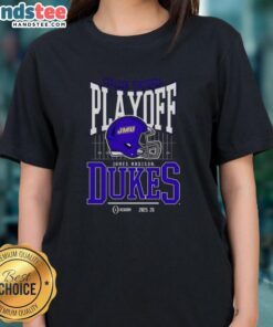 Alt Text: Ladies tee featuring the Nice James Madison Dukes 2025-2026 College Football Playoff Bound helmet design.
