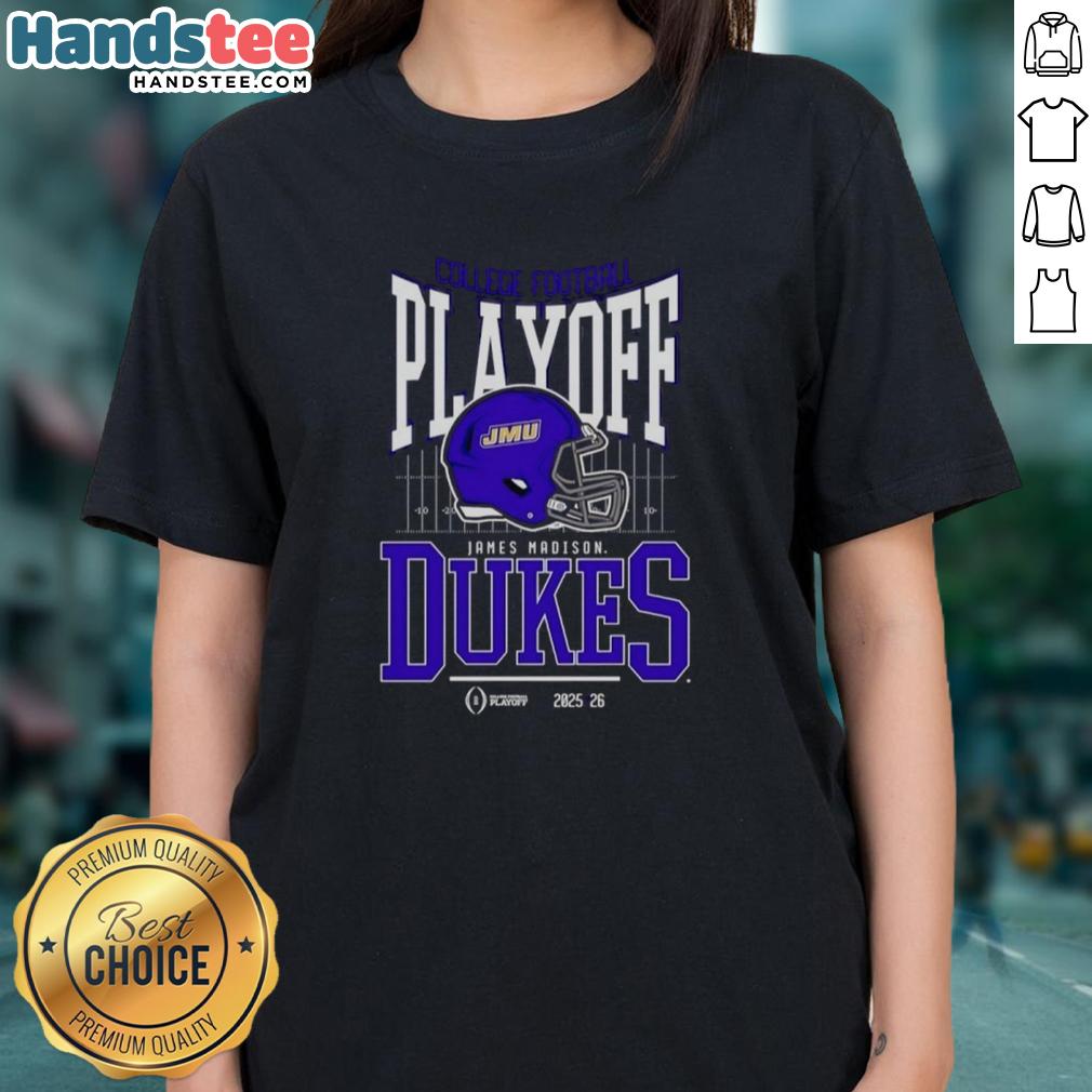 nice-james-madison-dukes-2025-2026-college-football-playoff-bound-helmet-ladies-tee Alt Text: Ladies tee featuring the Nice James Madison Dukes 2025-2026 College Football Playoff Bound helmet design.