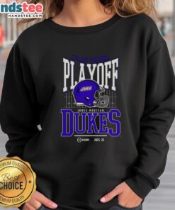 Alt Text: Nice James Madison Dukes 2025-2026 College Football Playoff Bound helmet sweatshirt in navy blue, showcasing team pride.