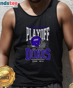 James Madison Dukes 2025-2026 College Football Playoff Bound Helmet Tank Top featuring team colors and logo.