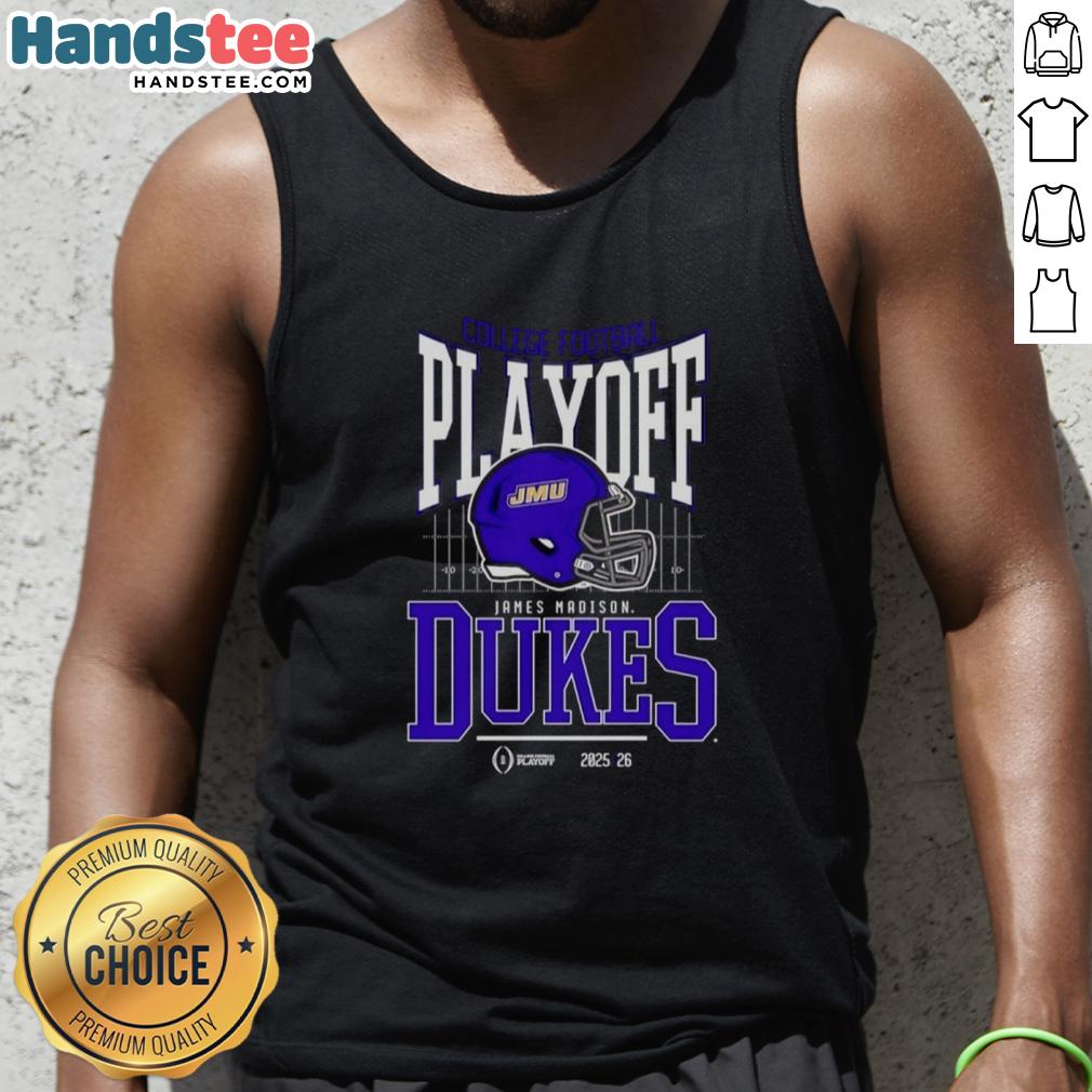 nice-james-madison-dukes-2025-2026-college-football-playoff-bound-helmet-tank-top James Madison Dukes 2025-2026 College Football Playoff Bound Helmet Tank Top featuring team colors and logo.