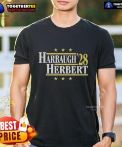 Jim Harbaugh vs Justin Herbert 2028 T-Shirt featuring bold graphics for Los Angeles Chargers fans.