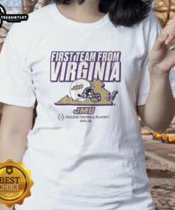 Nice JMU Football CFP's first team from Virginia ladies tee featuring team colors and logo, perfect for fans.