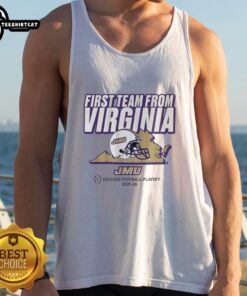 JMU football fans wearing a tank top celebrating the first Virginia team in the College Football Playoff.