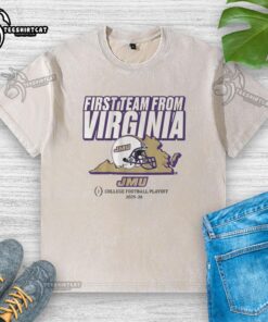 Nice JMU Football CFP's first team from Virginia washed t-shirt featuring team colors and logo for fans and collectors.