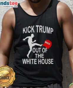 Red tank top featuring a Nice Kick Trump graphic and MAGA hat design, perfect for political rallies and casual wear.