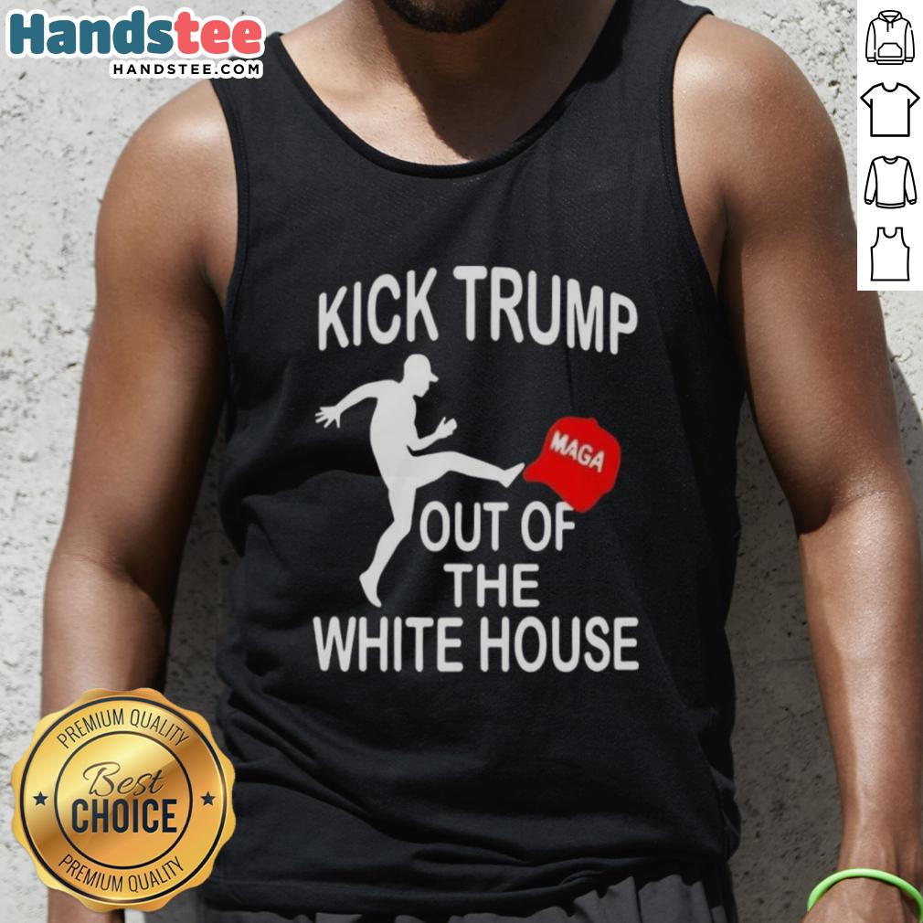 nice-kick-trump-maga-red-hat-out-of-the-white-house-tank-top Red tank top featuring a Nice Kick Trump graphic and MAGA hat design, perfect for political rallies and casual wear.