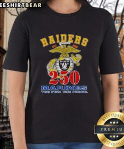 Nice Las Vegas Raiders x U.S.M.C 250th Birthday Celebration ladies tee showcasing team spirit and military pride.