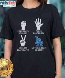 Los Angeles Dodgers ladies tee featuring 'Nothing Beats Rock, Scissors, Paper Beats Rock, Scissors Beats Paper' design.