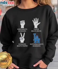 Cozy Los Angeles Dodgers sweatshirt featuring 'Nothing Beats Rock, Paper, Scissors' design, perfect for fans.