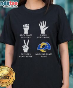 Alt Text: Nice Los Angeles Rams ladies tee featuring a fun rock, paper, scissors graphic design for fans.