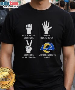 Alt Text: Los Angeles Rams t-shirt featuring 'Nothing Beats Rock, Paper, Scissors' design for fans and sports enthusiasts.